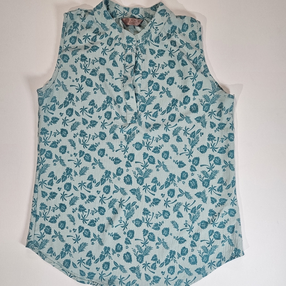 Amana‎ Sleeveless Blouse Womens Medium Teal Palm Tree Print Tropical Summer Top